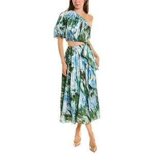 ML Monique Lhuillier One Shoulder Cutout Maxi Dress Green Blue Size 10